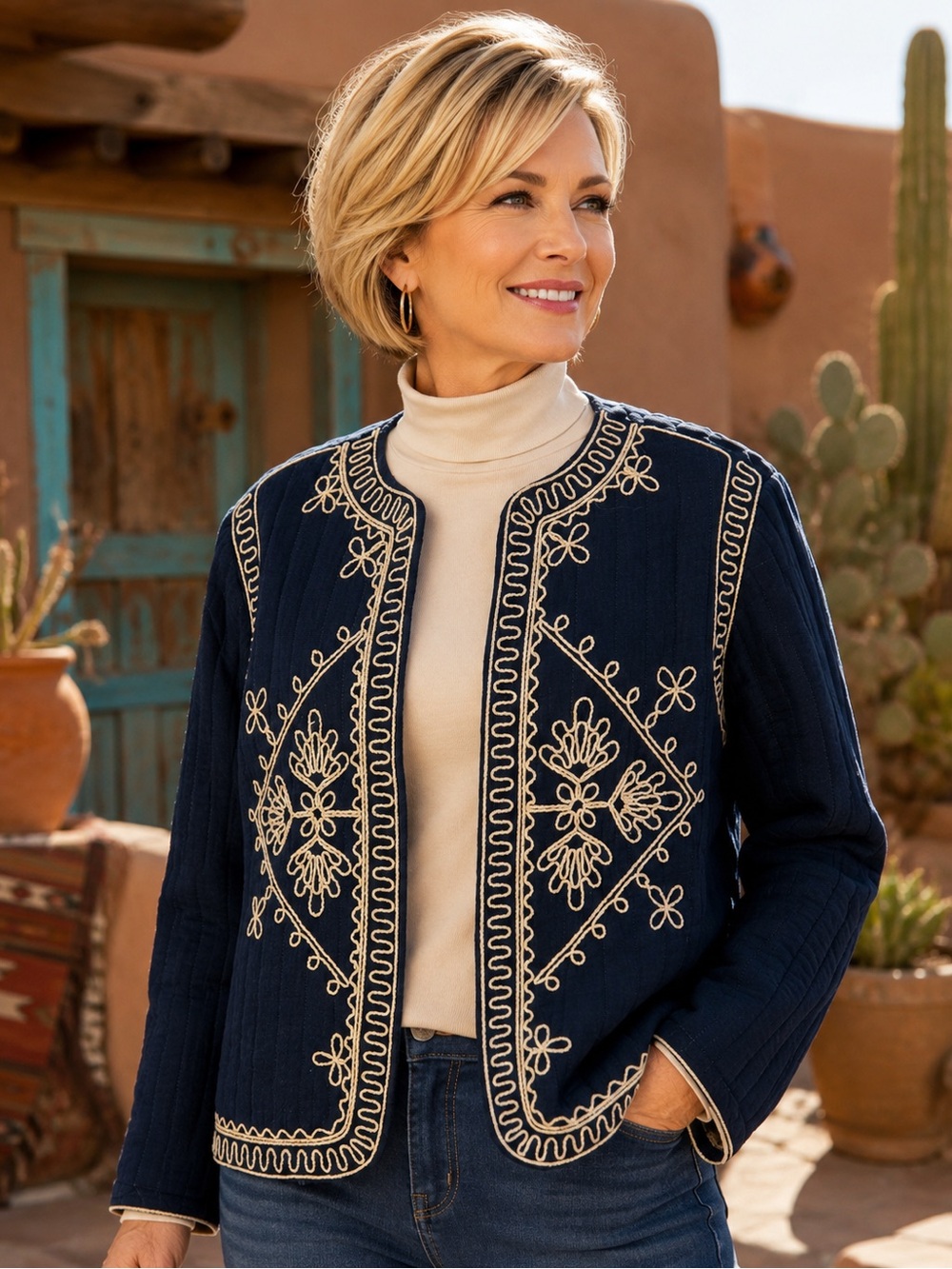 ❤️❤️❤️Embroidered Navy Quilted Jacket with Cream Stitching